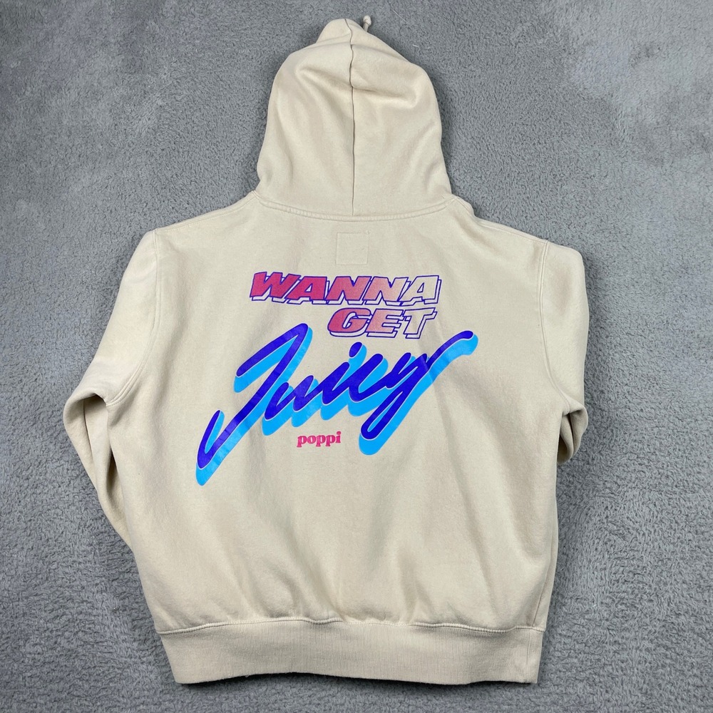 Poppi Hoodie Unisex XL Cream Beige‎ Wanna Get Juicy Graphic Fleece Sweatshirt